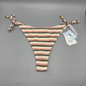 Roxy Saidia Tie Side High Leg Cheeky Bikini Bottom Pink Green Stripe X-Large NEW